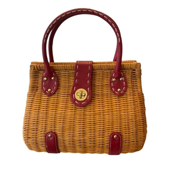 Source Unknown Handbags - Unbranded 1970's vintage red leather trimmed wicker handbag.
